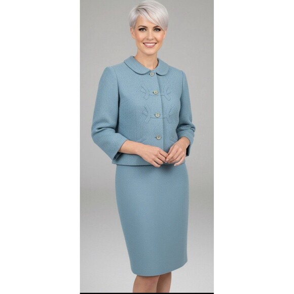 DAVIDOW Marshall Fields Vintage 60s Suit Blue Wool 3/4 Sleeve Jacket Skirt 0-2 - Picture 1 of 6